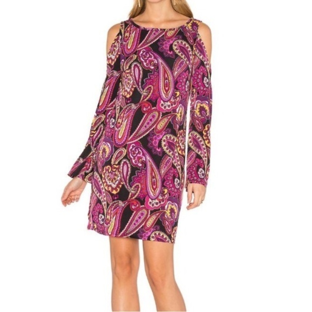 Trina Turk  Cold Shoulder Long Flare Bell Sleeve Mini Dress